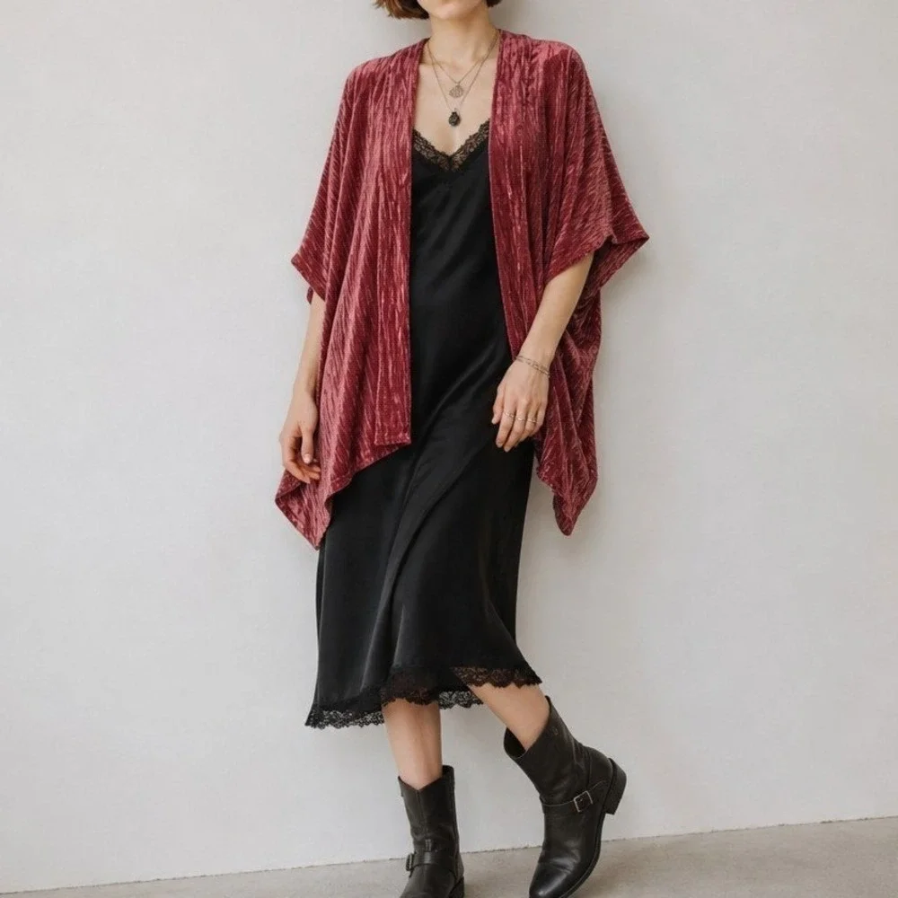 A New Day OS Mauve Pink Crushed Velvet Kimono Open Front Cardigan Fairy Bohemian